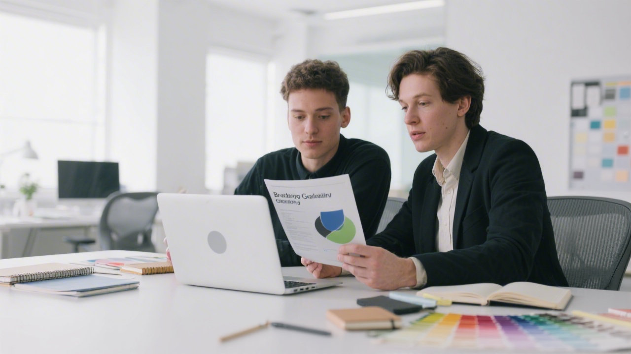 Team of two designers reviewing a branding guideline on a laptop, surrounded by notebooks and color samples in a clean modern office.