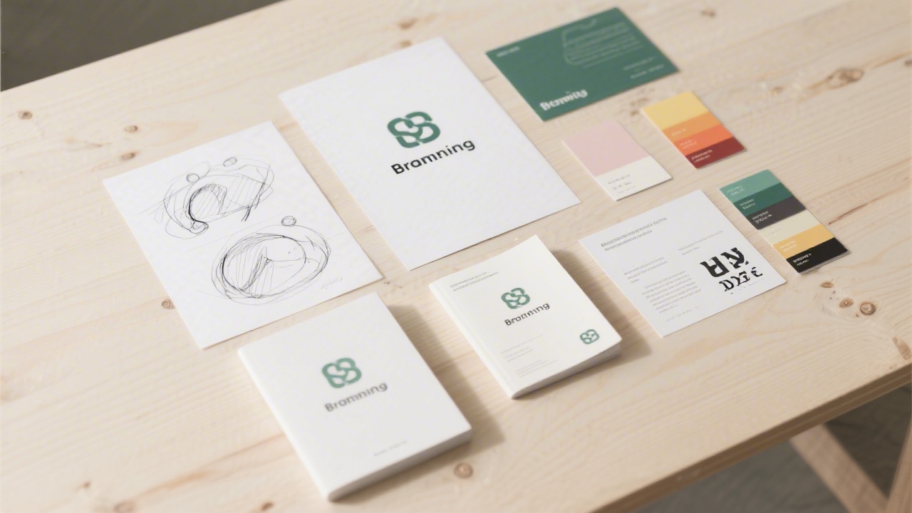Flat lay of a branding kit including logo sketches, color palette cards, typography samples, and a small booklet on a light wooden table.