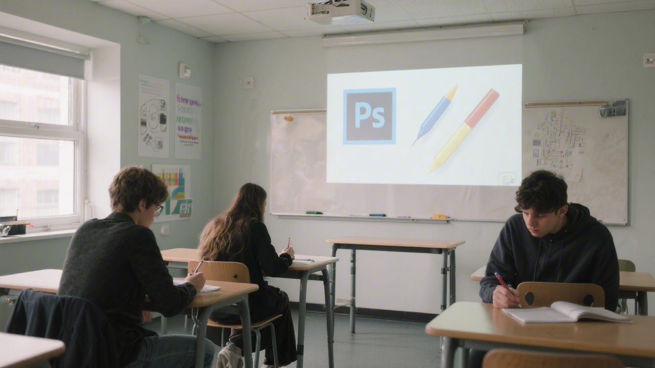 Small classroom setting with a projector showing Photoshop tools, students taking notes, and a calm educational environment focused on design practice.