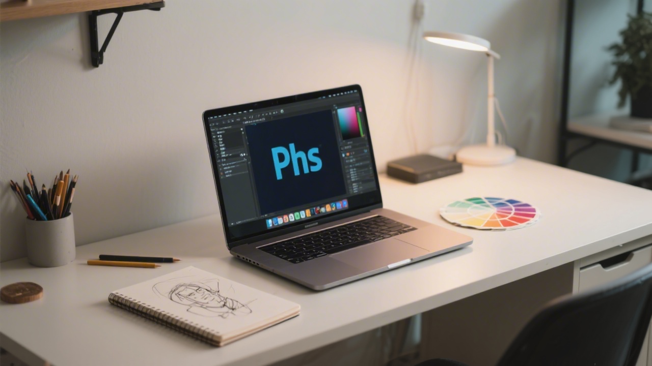 Modern creative workspace with laptop showing Photoshop interface, sketchbook, and color swatches on a clean desk, soft lighting, professional design atmosphere.