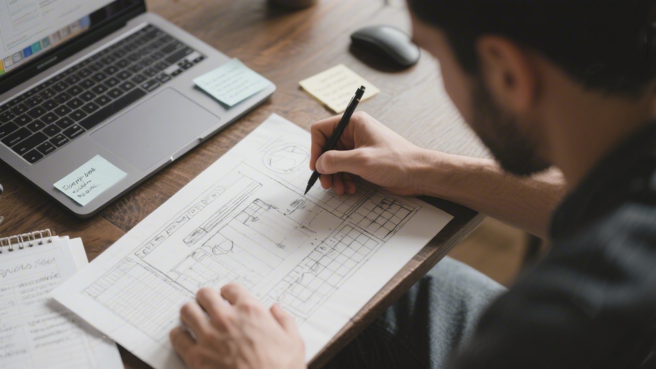 Three-step process diagram on a whiteboard with sticky notes and clear arrows, surrounded by planners and laptops indicating structured MVP workflow for social media growth