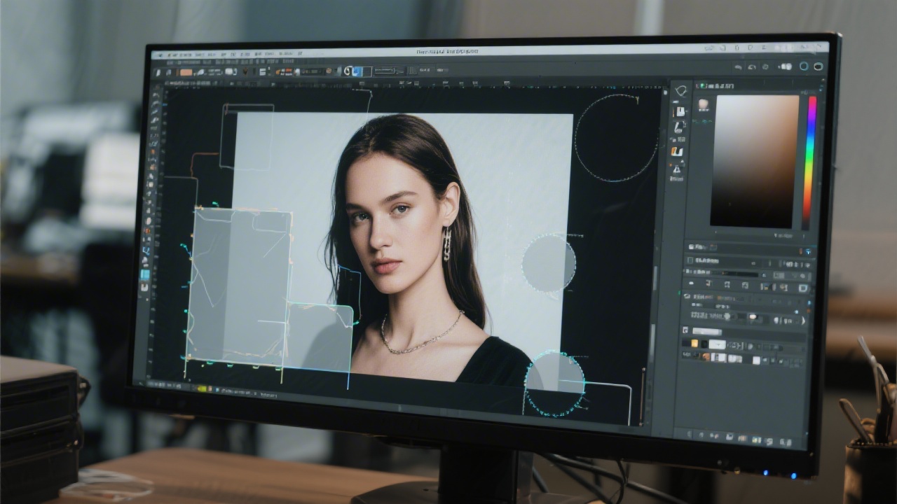 High resolution photo being retouched in Photoshop on a large monitor, with visible adjustment layers and precise masking in a professional setting.