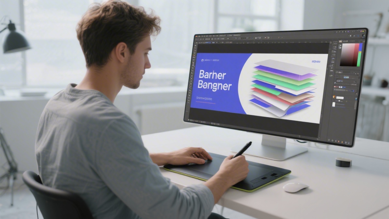 Designer working on a marketing banner in Photoshop with a pen tablet, showing layers and typography adjustments in a clean studio environment.