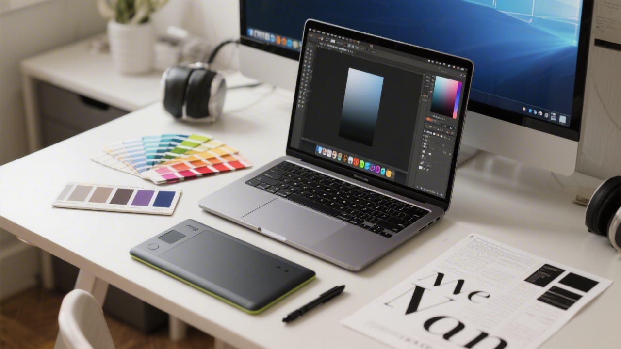 Open laptop with Photoshop interface and a set of color swatches, a pen tablet, and printed typography samples on a neat desk.