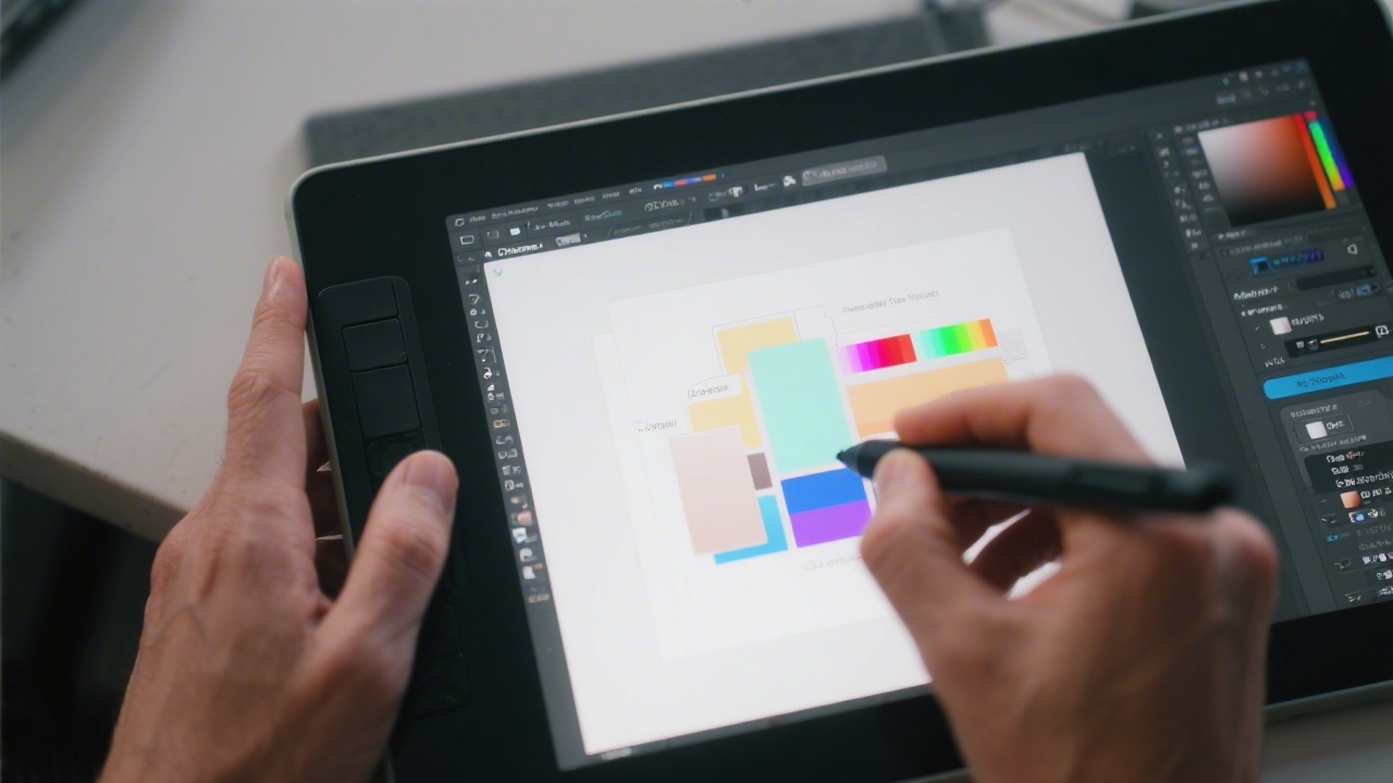 Close up view of hands using a pen tablet with Photoshop open, showing layer panels, color adjustments, and a clean layout for professional digital design.